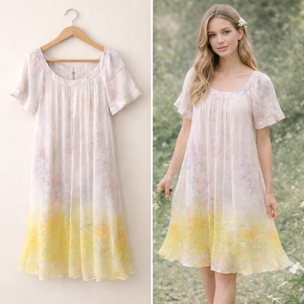 Anthro HD in Paris Floral Ombre Mini Dress Size 6 Yellow Chiffon Cottagecore - Picture 7 of 8